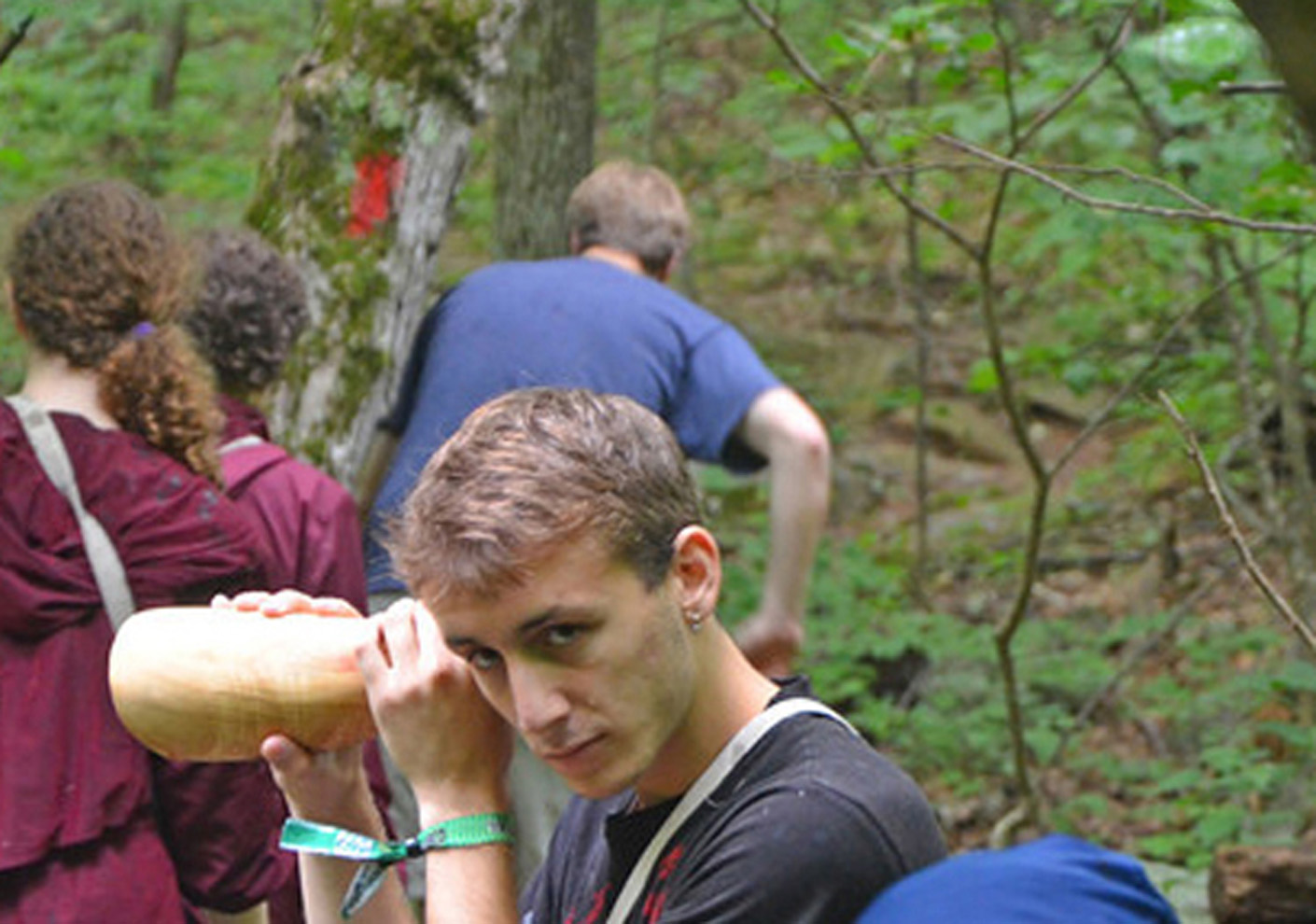  Sight and Sound Walks, collaboration with Robert Carl, listeners with horns on the Appalachian Trail, Blue Ridge Mountains, VA Photography: John S. Taylor 