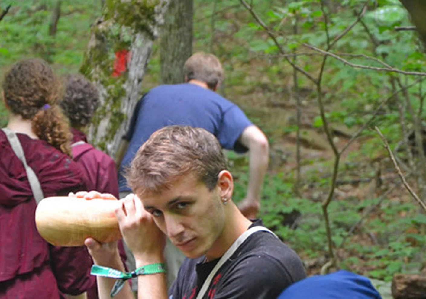 Sight and Sound Walks, collaboration with Robert Carl, listeners with trumpets on the Appalachian Trail, Blue Ridge Mountains, VA Photography: John S. Taylor