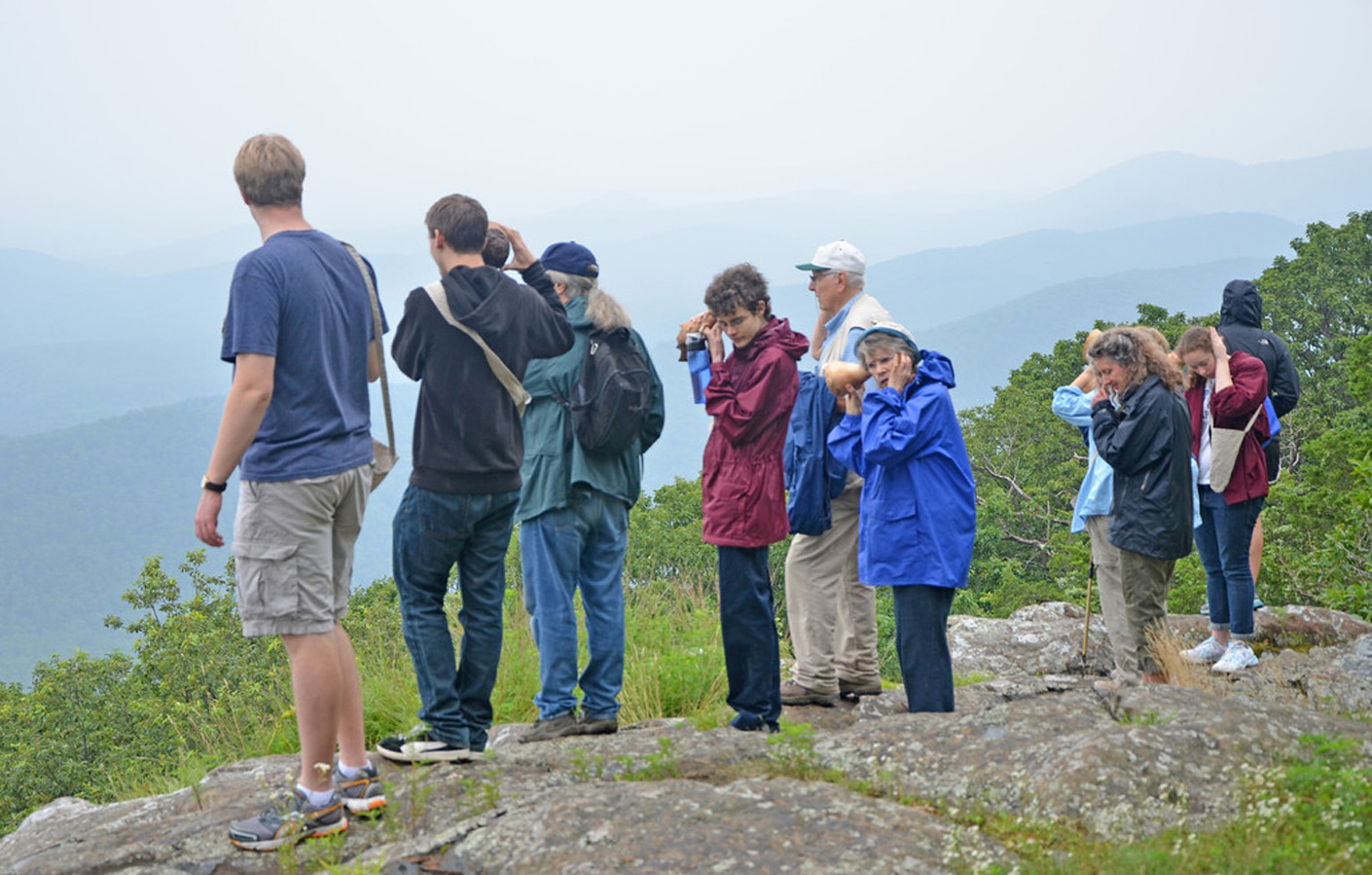  Sight and Sound Walks, collaboration with Robert Carl, listeners with the horns at the Fringe Tree Overlook, Appalachian Trail, Blue Ridge Mountains, VA Photography: John S. Taylor 