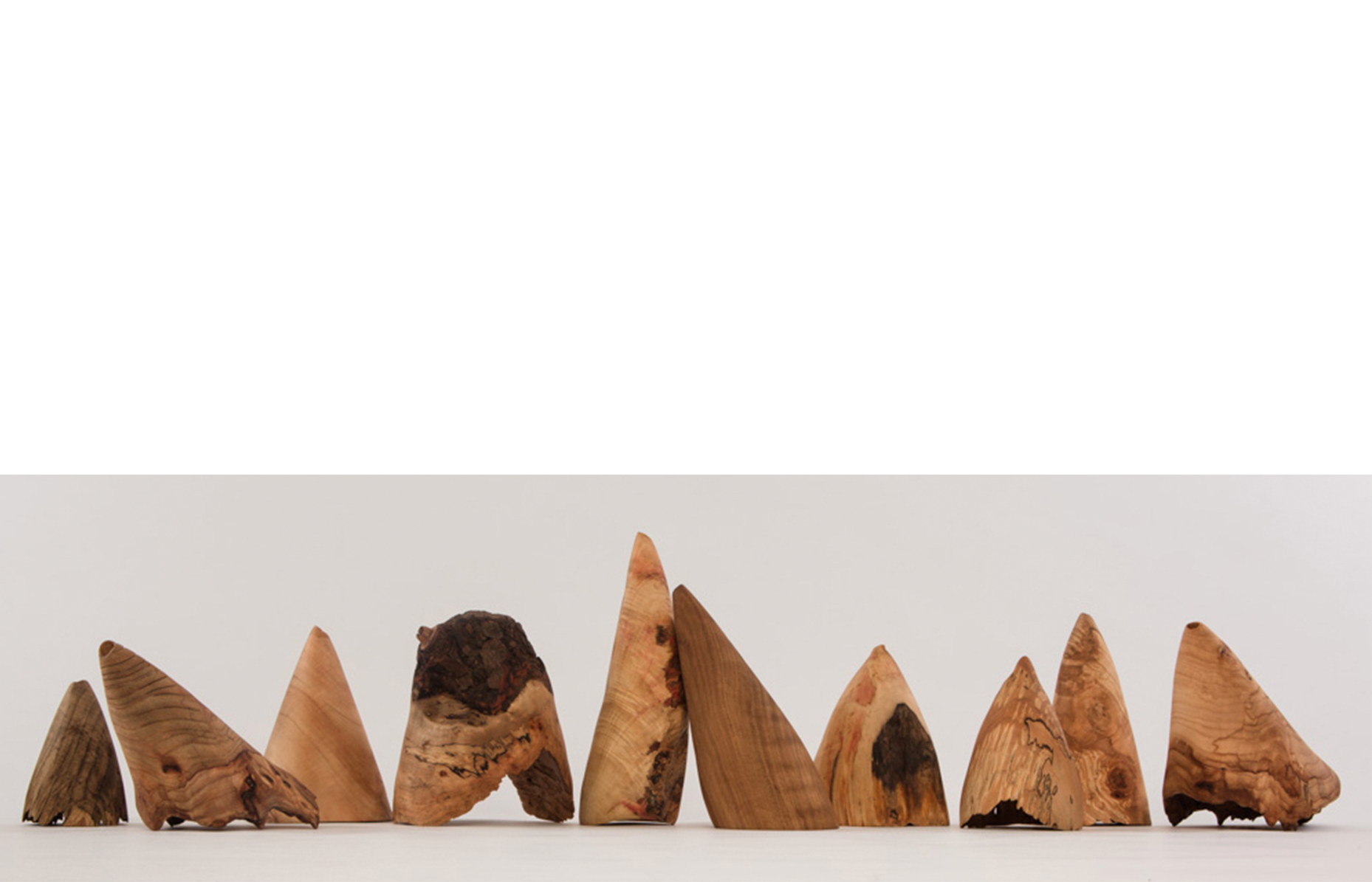Series of 10 listening trumpets. L-R Bebo, Elmo, Cono, Wild One, Belder, Oak, DarkFront, The Beak, Malm, Medge, wood, beeswax, linseed oil and/or shellac (Garnet Lac). With special thanks to the “Lathe Guru” in Central Shop at the Kansas City Art Institute, Jon Reginald Wilson. Photography: Stacey Evans