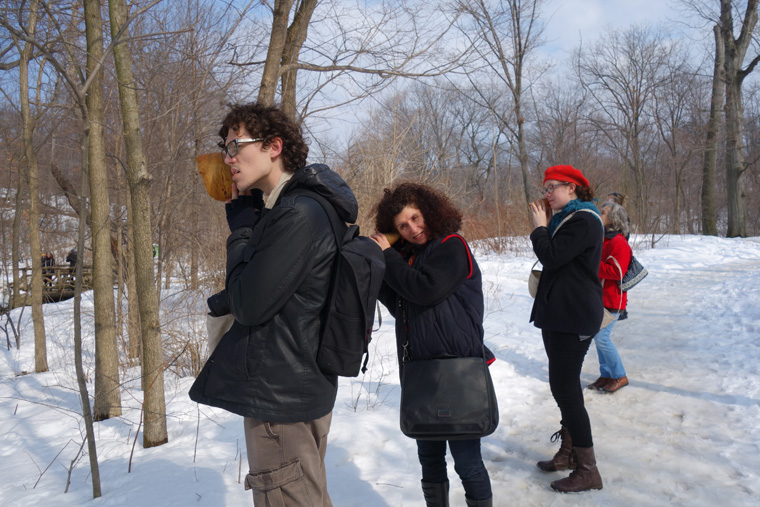  Listening to water trickling under ice on the Loch, Ten hand carved wooden burl trumpets used by participants, walk planned and led by Karen McCoy by invitation of the Walk Exchange, NY. (photo: Karen McCoy) 