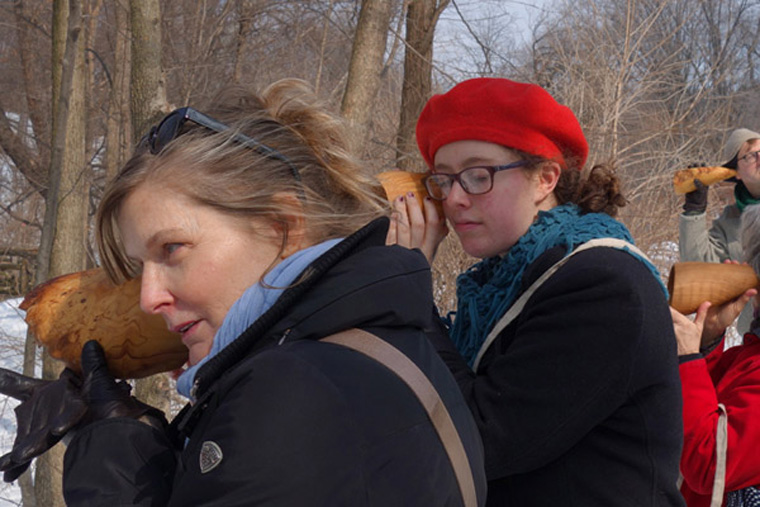  Michele, Raleigh, Maureen and Doug listening at the Loch, Sound and Sight Walk in the North Woods of Central Park, New York City, March 8, 2015. Ten handcarved wooden burl ear trumpets used by participants. Walk planned and led by Karen McCoy by inv