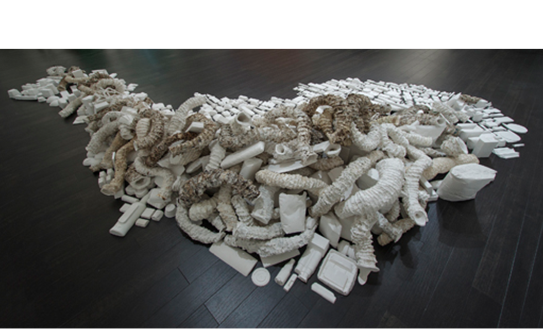   Seemingly Unconnected Events V4  2007- 2014 (ongoing)  Hundreds of plaster casts of organic forms stacked and interlaced with consumer goods casts, 15 x 7 x 2.5’  Installation for Re Imagine, Three Person Exhibition, Epsten Gallery, Village Shalom,