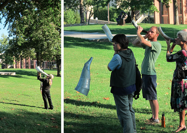 Listeners and guests at opening, Installation in Gingko tree, campus green, Kansas City Art Institute, Kansas City, MO