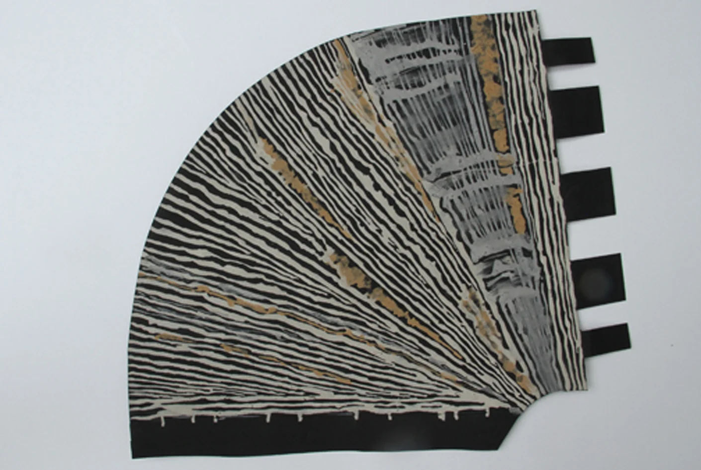 Pattern for Print, Cut and Fold open source paper listening trumpet, 2014, original drawing with pigments found in Wales on black Stonehenge paper, 9x 12”.