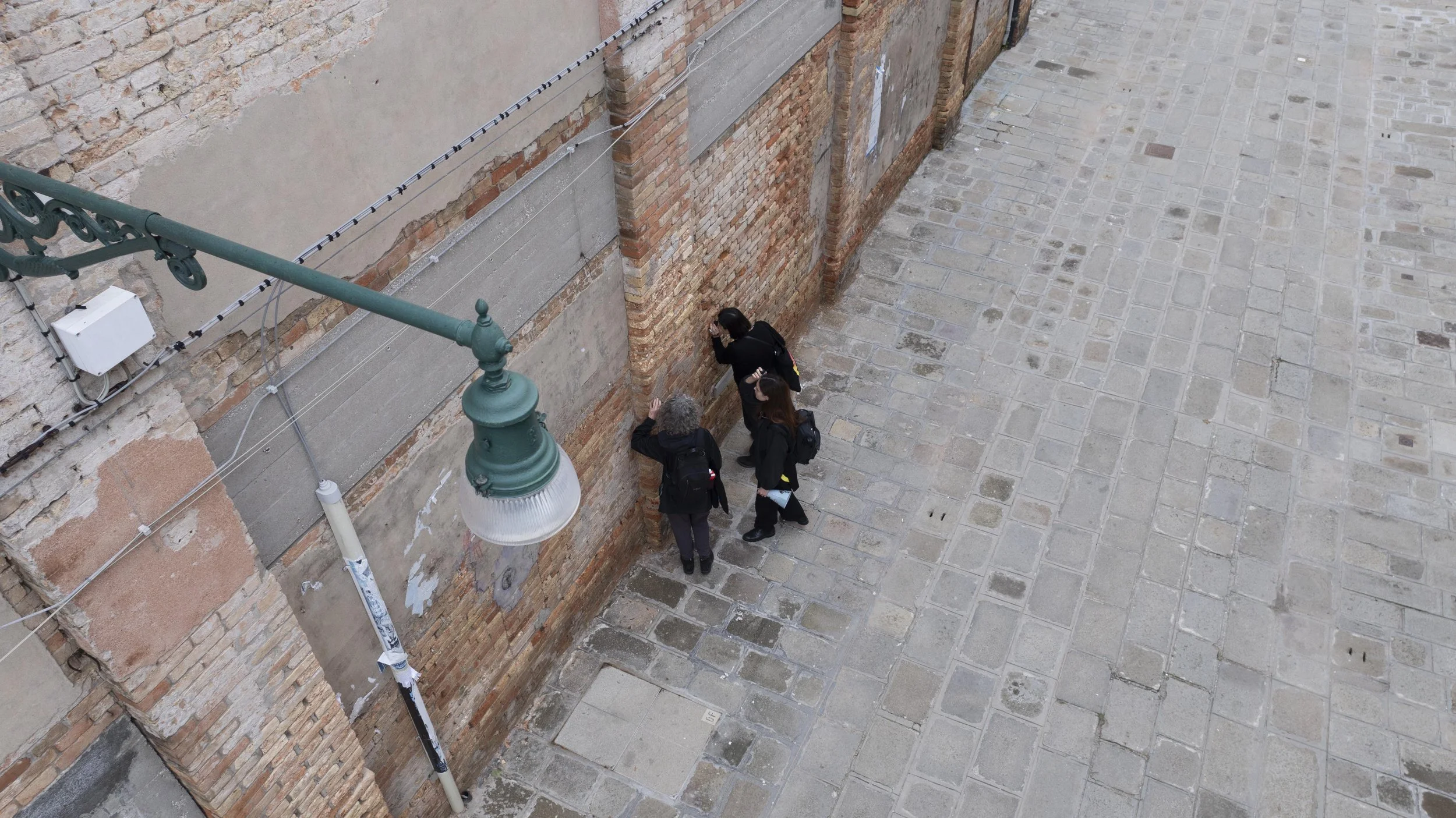 Examining a brick wall