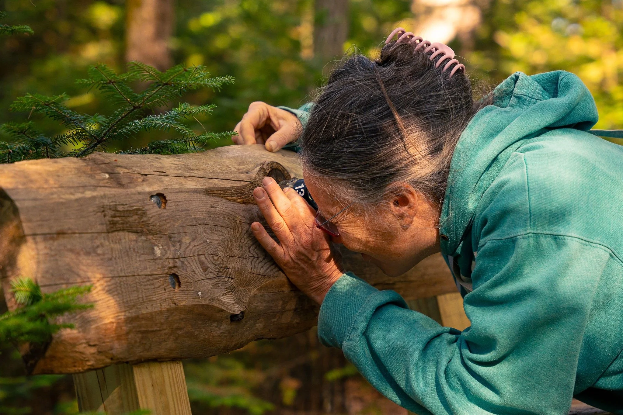 Participant observing wood grain at close range with a lens 
