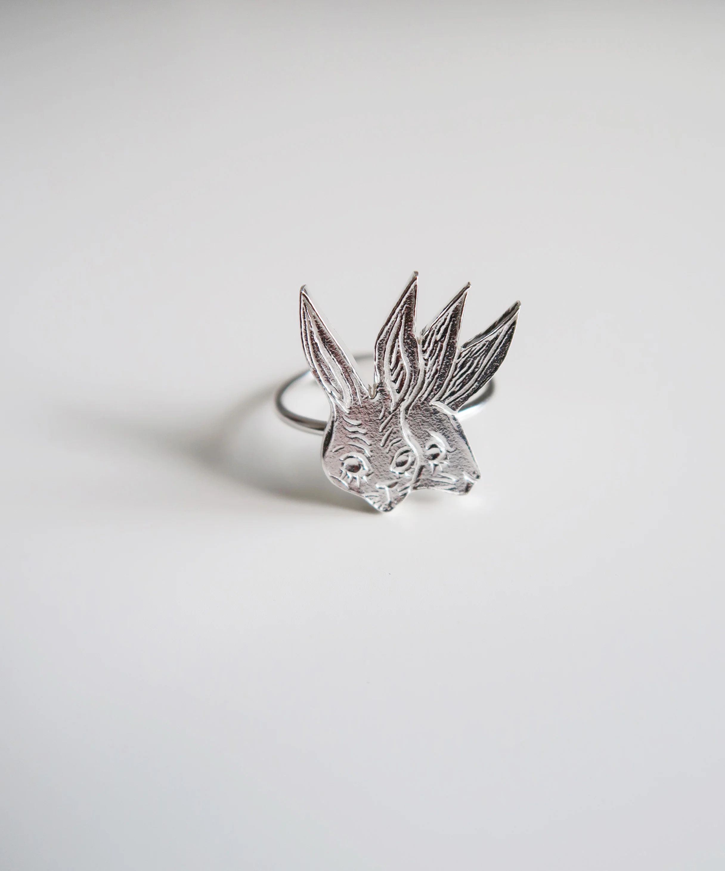 Silver Two-Headed Rabbit Ring $65.00