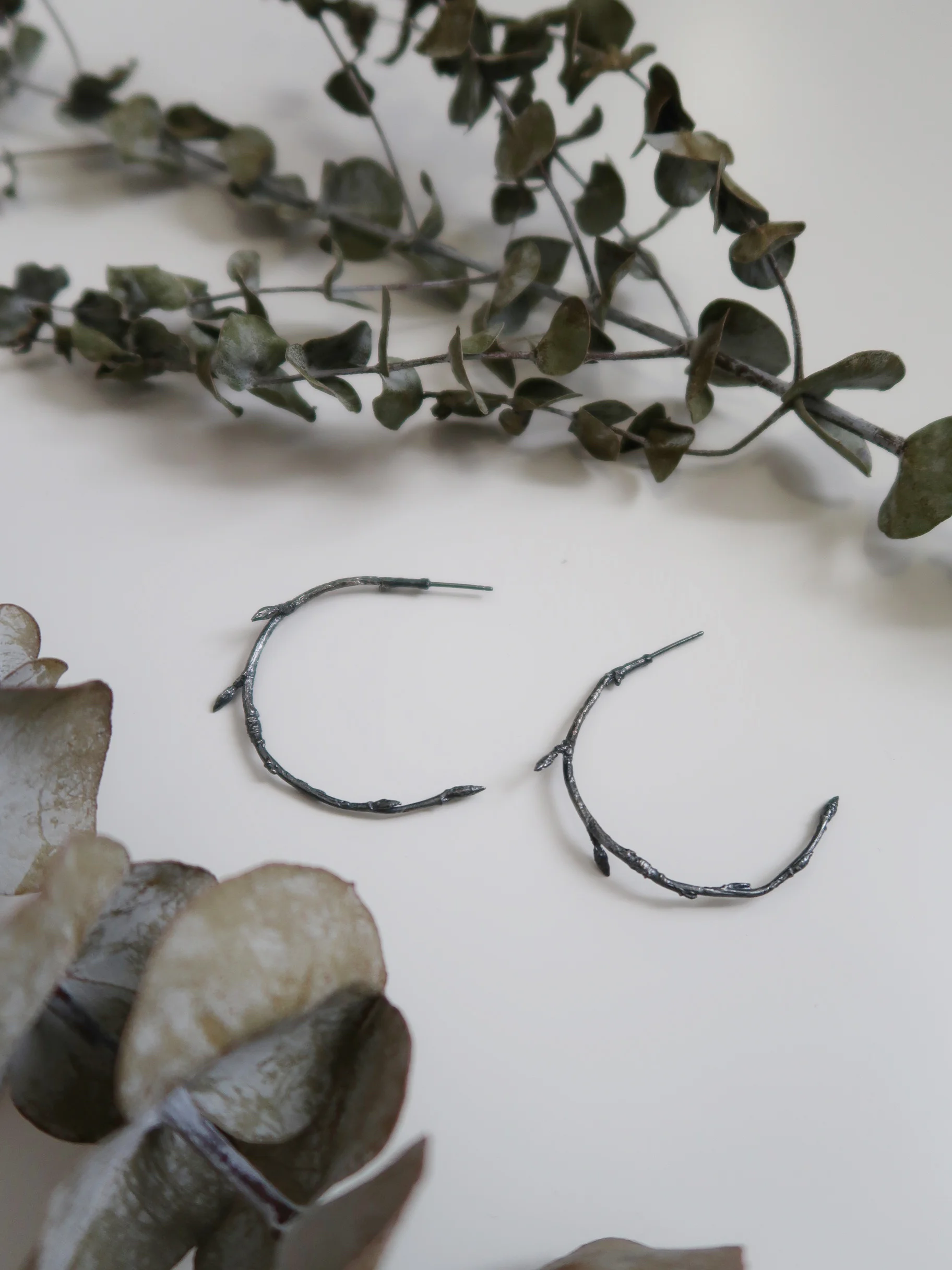 Oxidized Silver Branch Hoop Earrings - $90.00