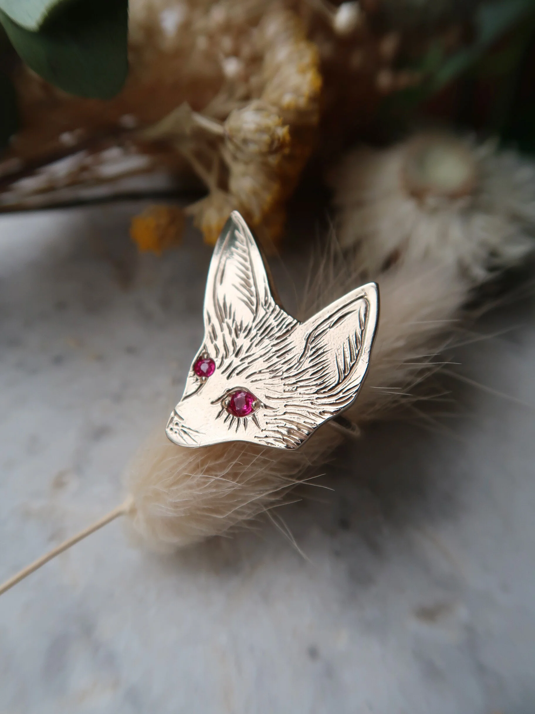 Ruby-Eyed Fennec Fox Ring - 10K Yellow Gold with Rubies - $950.00 