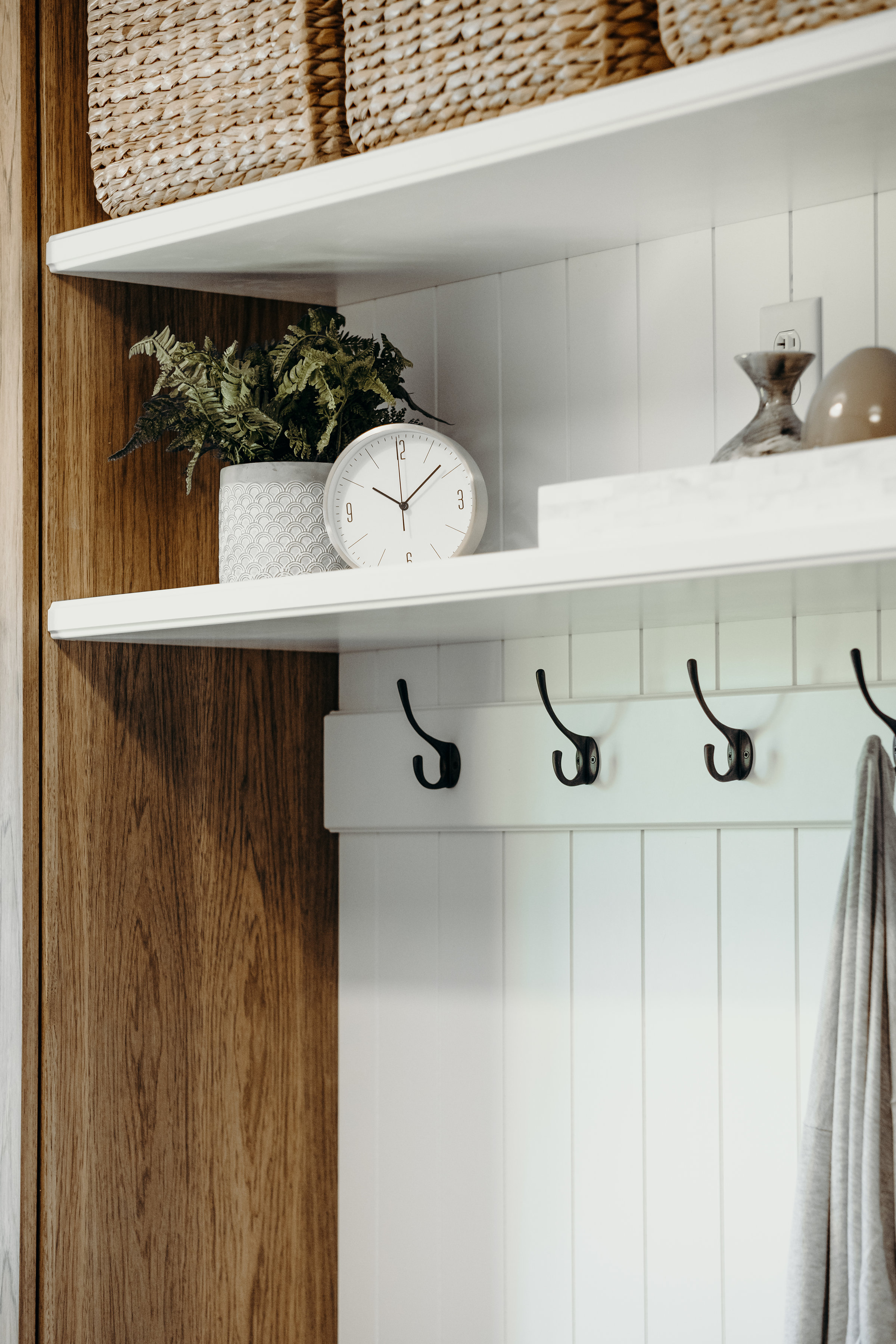 Custom locker and cabinet system in mudroom
