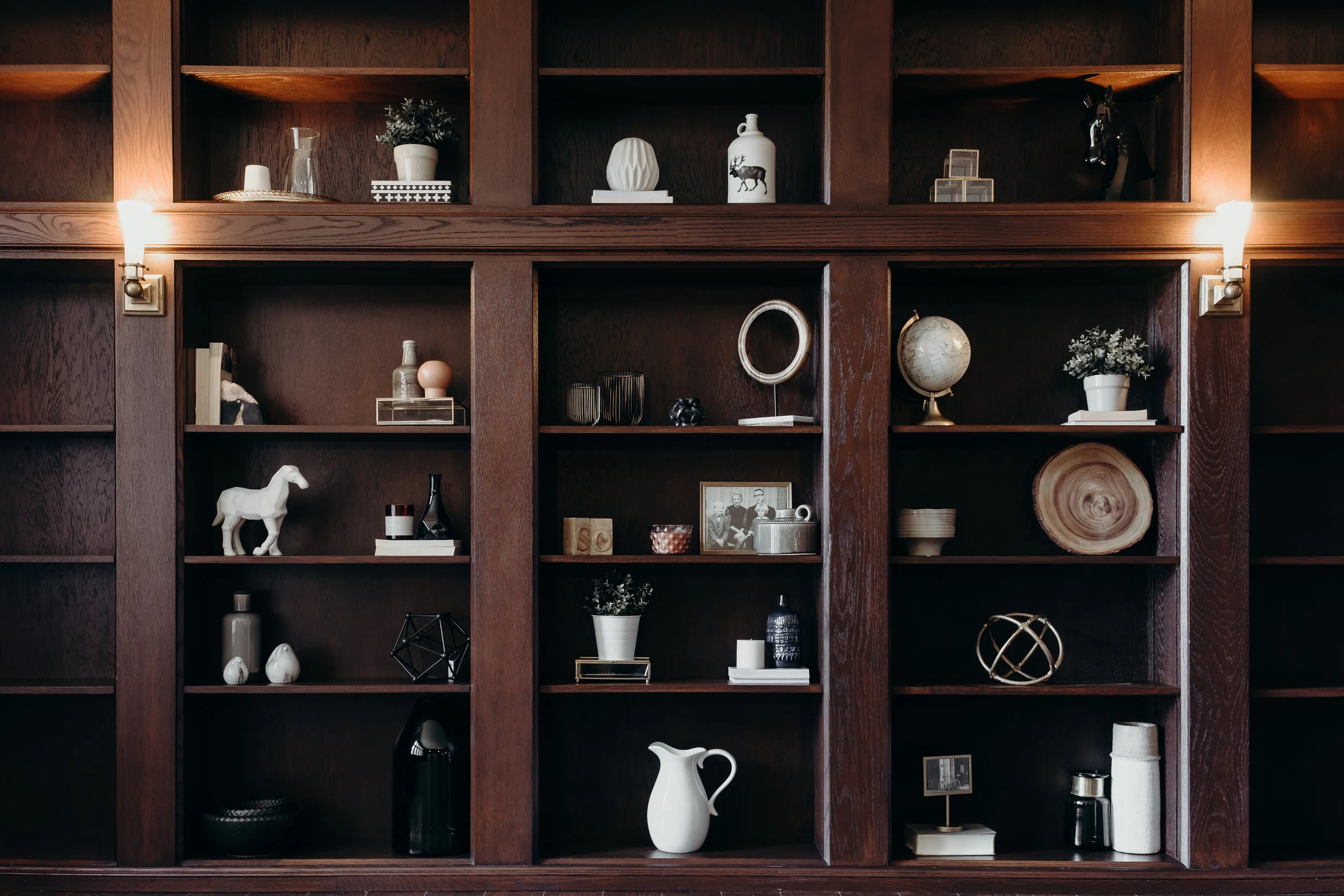 Large dark wood book shelves