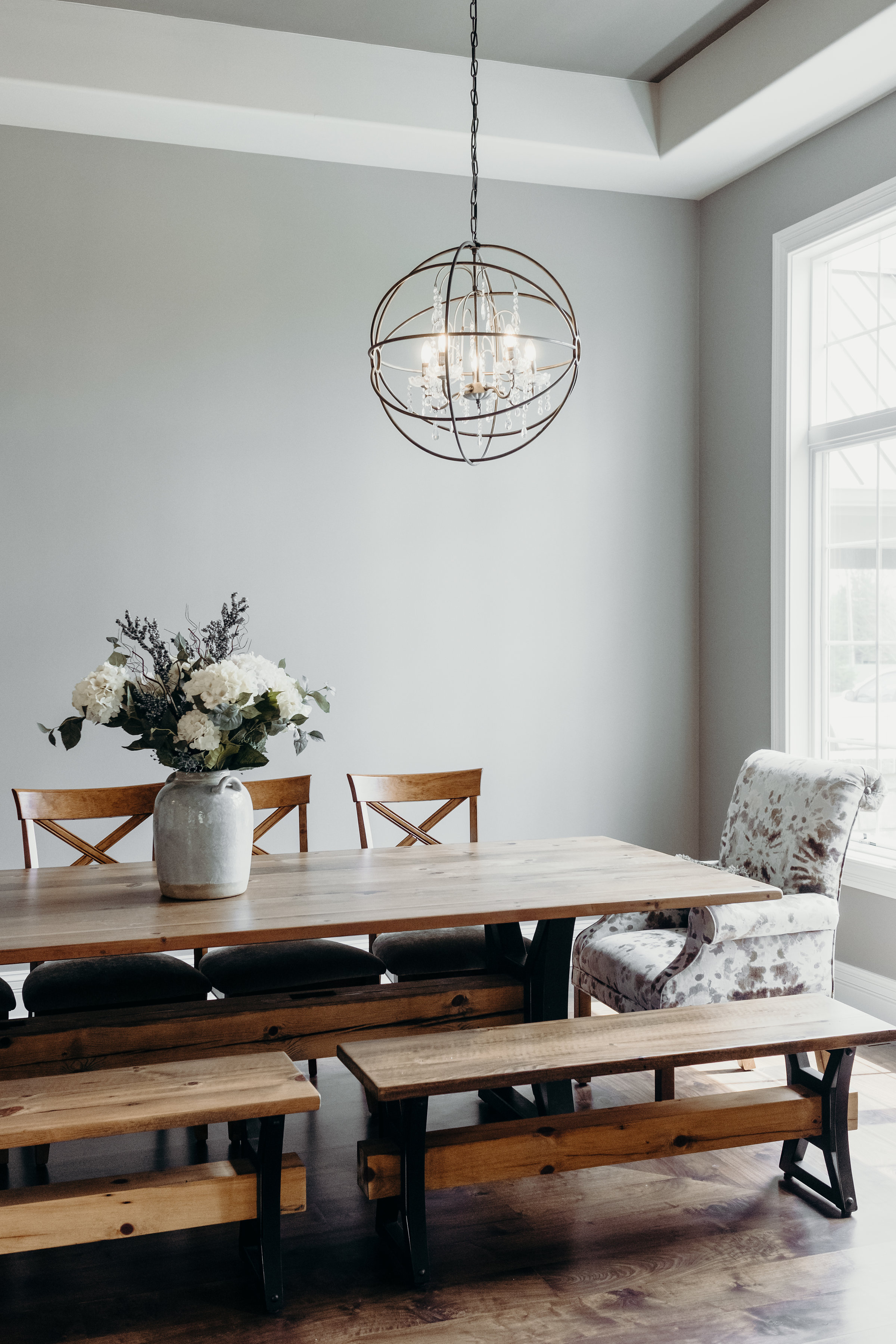 Semi-formal dining room with large wood table