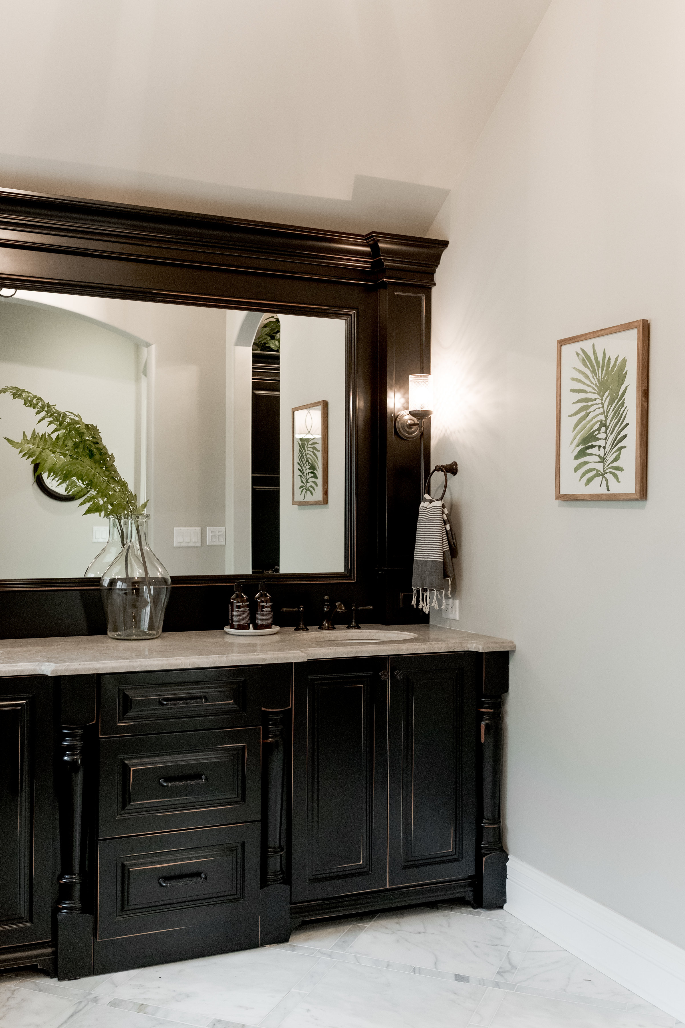 Dark wood custom cabinets in bathroom with fern plant