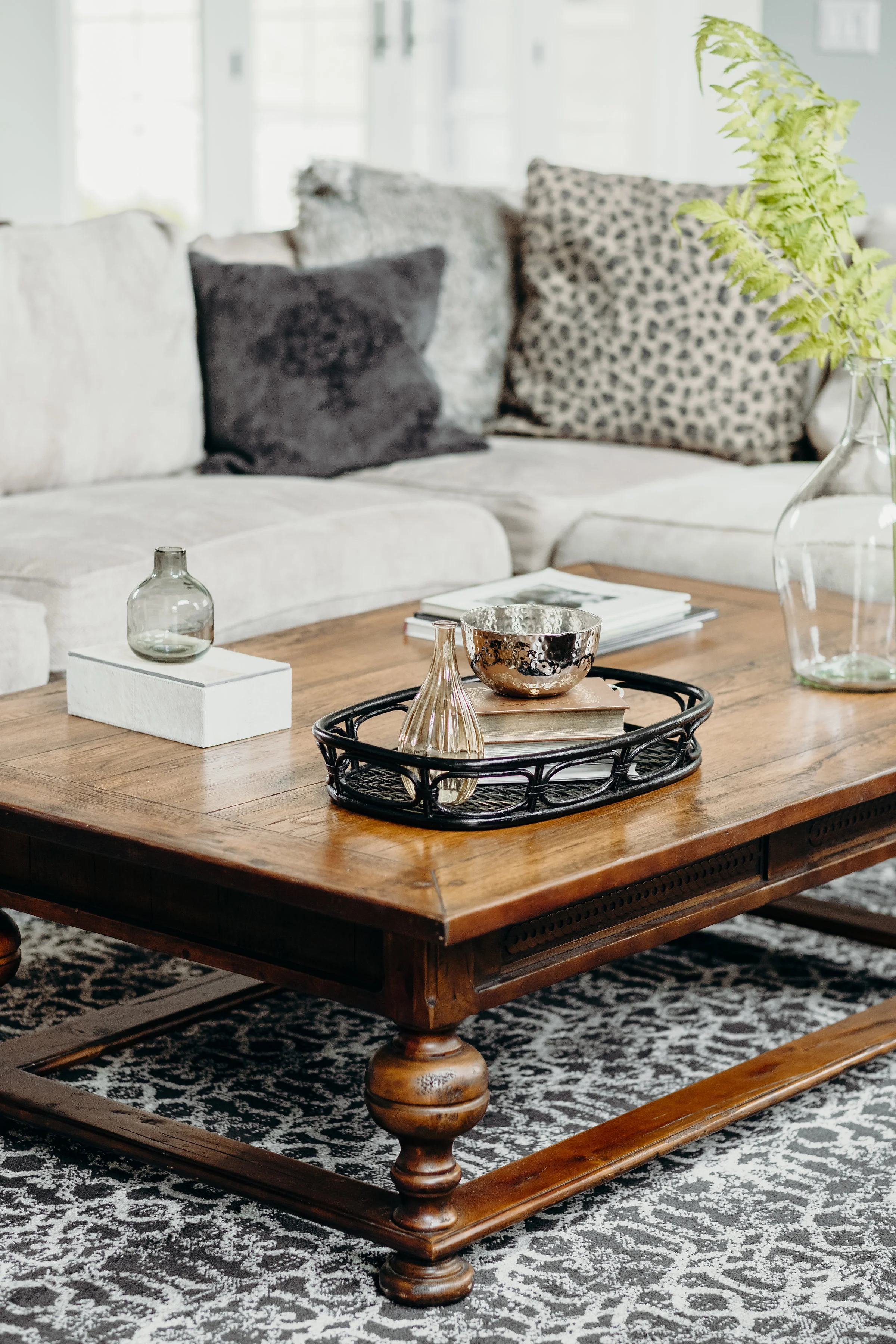 Traditional family room with large wood coffee table