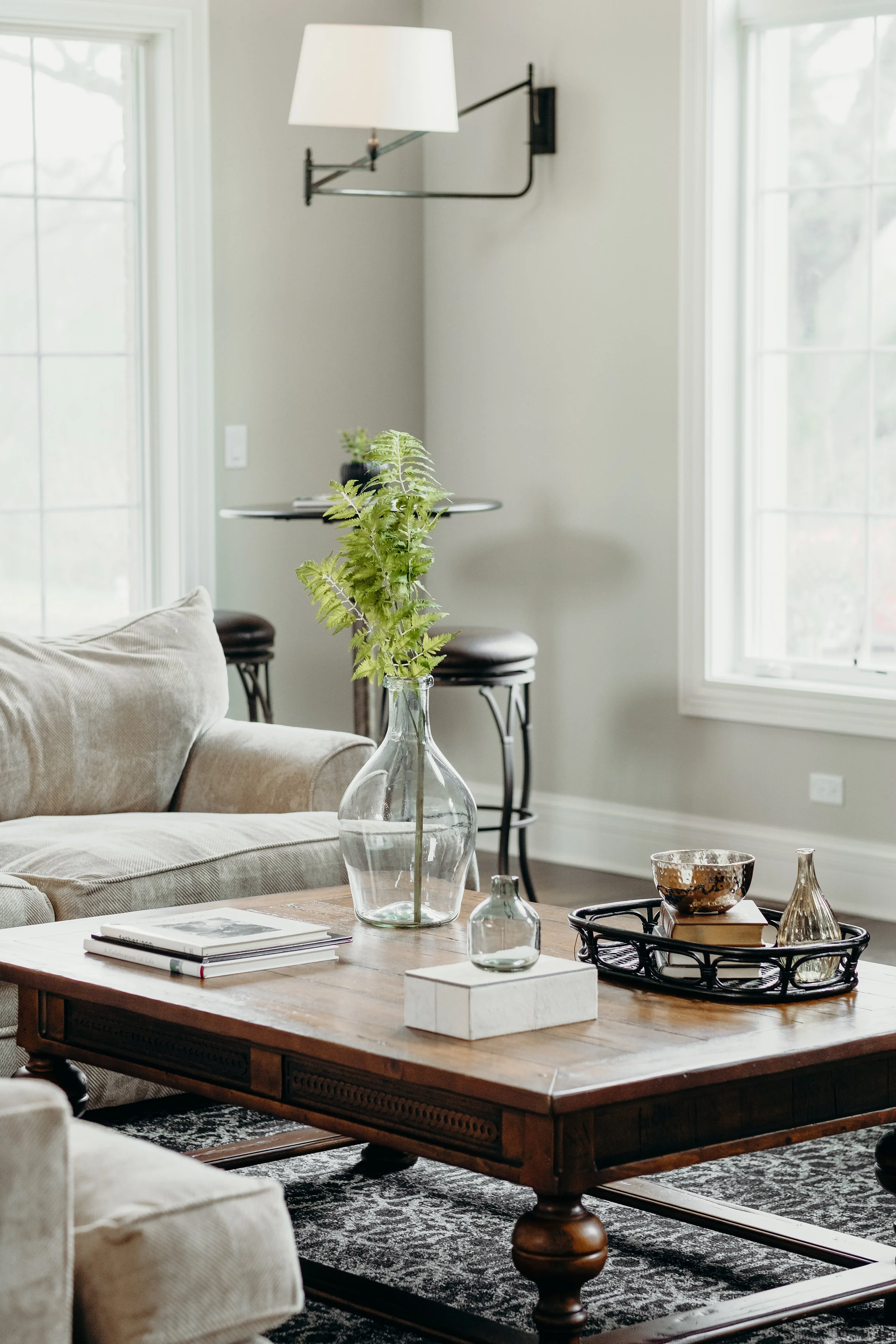 Traditional living room with large wood coffee table