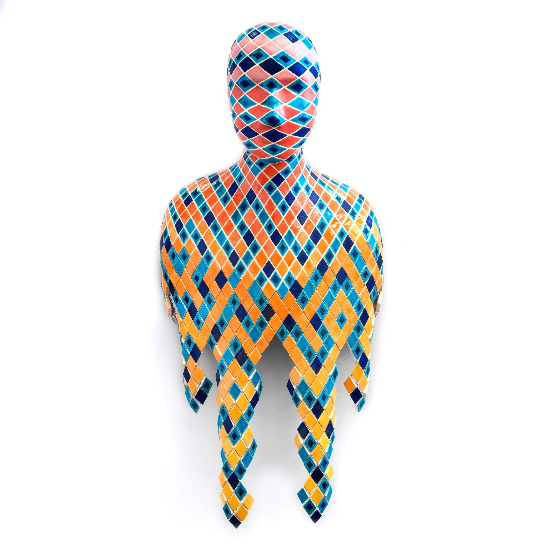 Shae Bishop, "♢♢♢♢♢", 2011. Earthenware, glaze, nichrome wire, polyester string; 32 x 14.5 x 9 in. Photo by E. G. Schempf