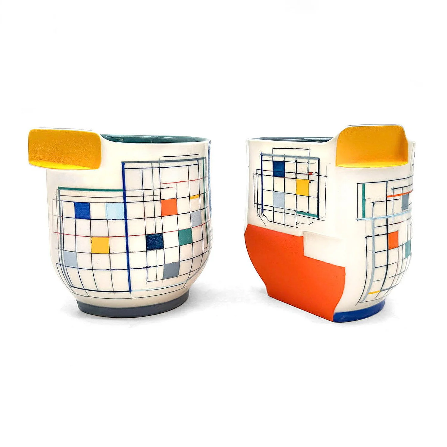 Sara Alfieri, "Grid Yunomi," 2026. Ceramics, underglaze, porcelain casting slip; 4 x 3 x 3.5 in. Image courtesy of the artist. 