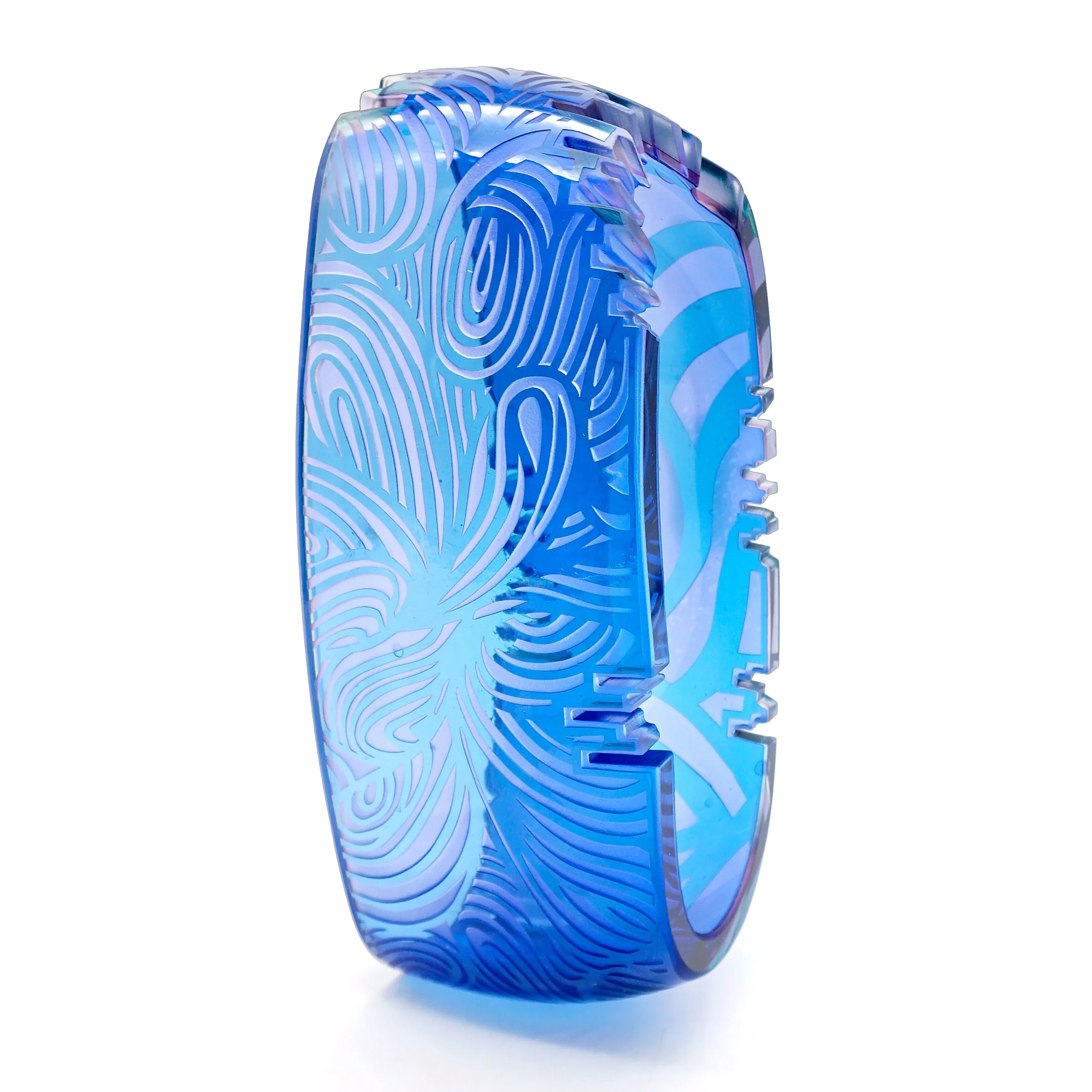 Ekin Aytac and Josh Davids, "Light as a Feather," 2026. Blown glass, diamond cut edges, sand engraved; 12 x 4.5 x 5 in. Image by Belger Arts