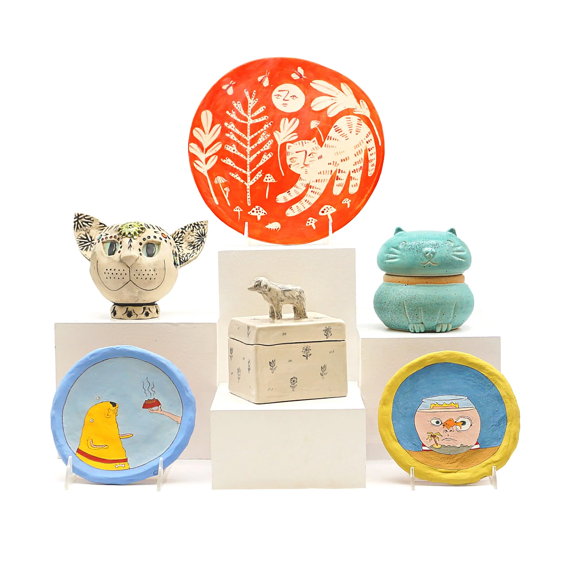 Bottom left (clockwise):  Work by Logan Reynolds, Desiree Warren, Kate Skelly, Paul Mallory, Steph Becker