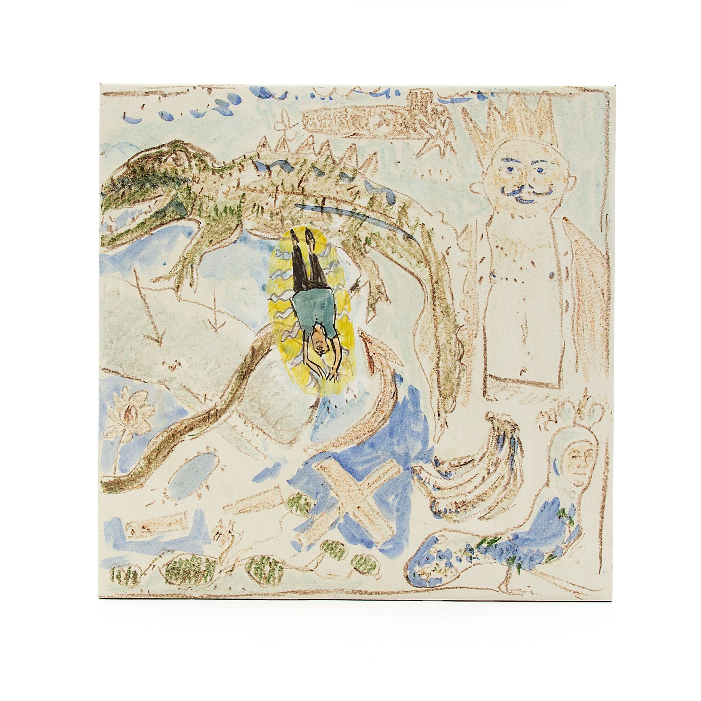 Ryan Kelley, Babu Portrait Tile, Cotto floor tile, glaze, underglaze; 11.75 x 11.75 x 0.25 in. Courtesy of KCAI Ceramics Department Teaching Collection. Photograph by Belger Arts.