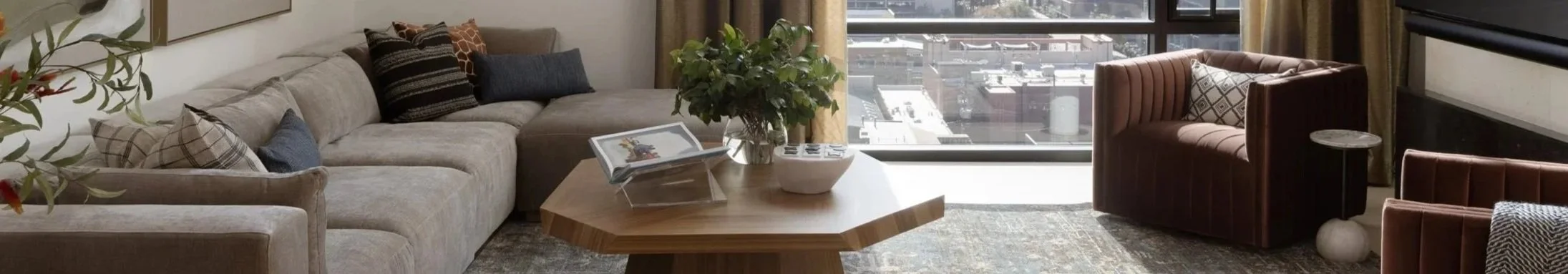 “Luxury home Penthouse interior design by Sarah Noel Interiors featuring modern editorial living room design