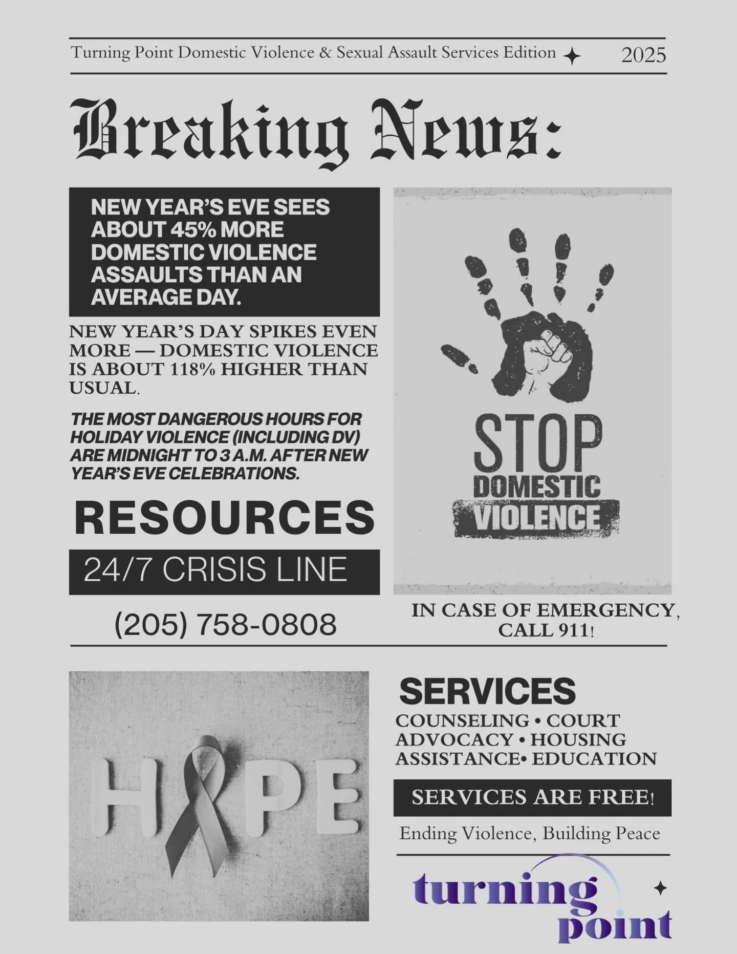 If you&rsquo;re experiencing domestic violence or sexual assault, reach out to us at (205) 758-0808. All services are confidential and free.