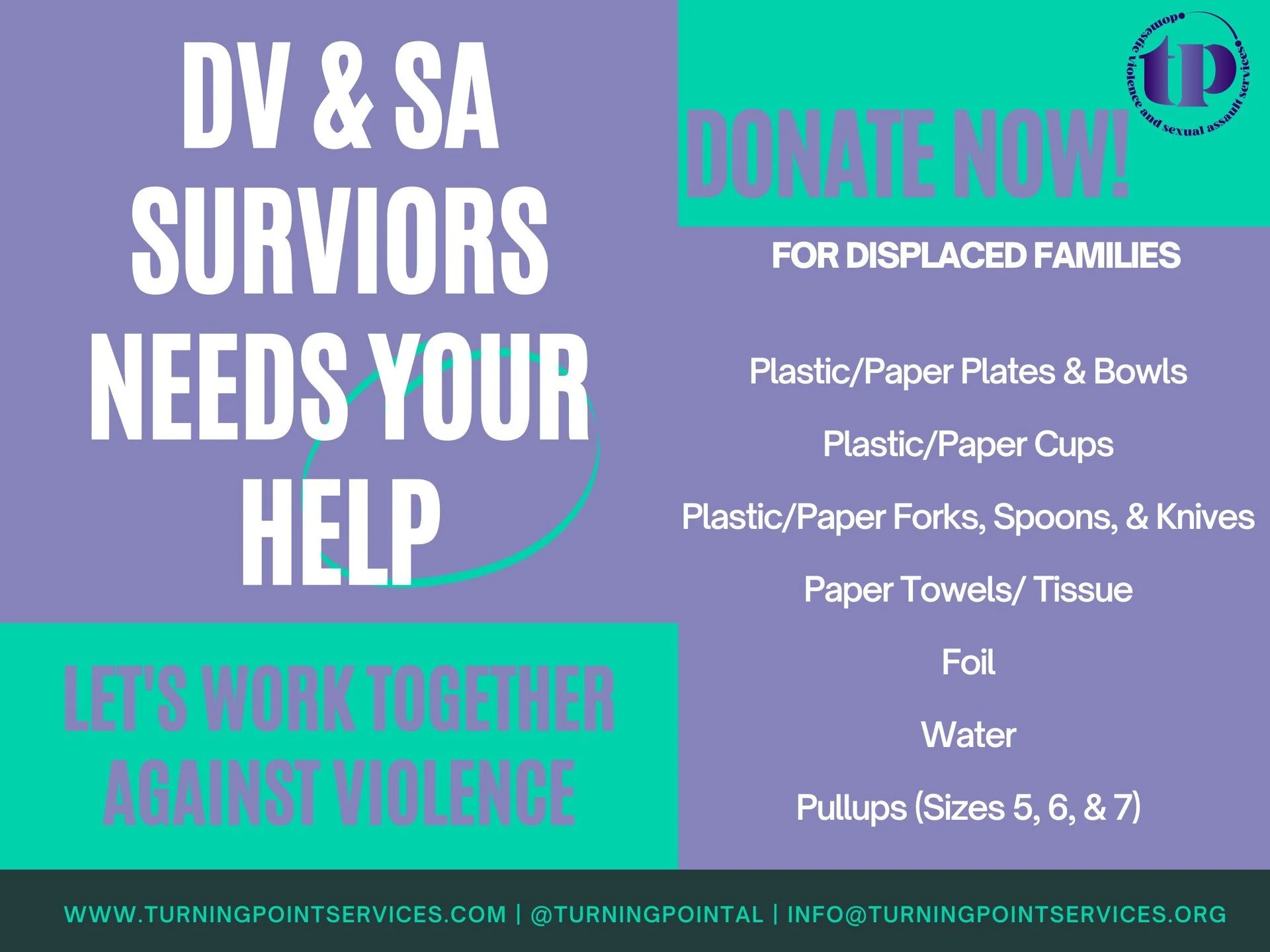 We are currently in need of essential items. We are seeking donations of paper/plastic plates, bowls, cups, forks, spoons, knives, paper towels, tissue, Pull-Ups (sizes 5, 6, &amp; 7), and bottled water. Your support helps provide comfort and care to