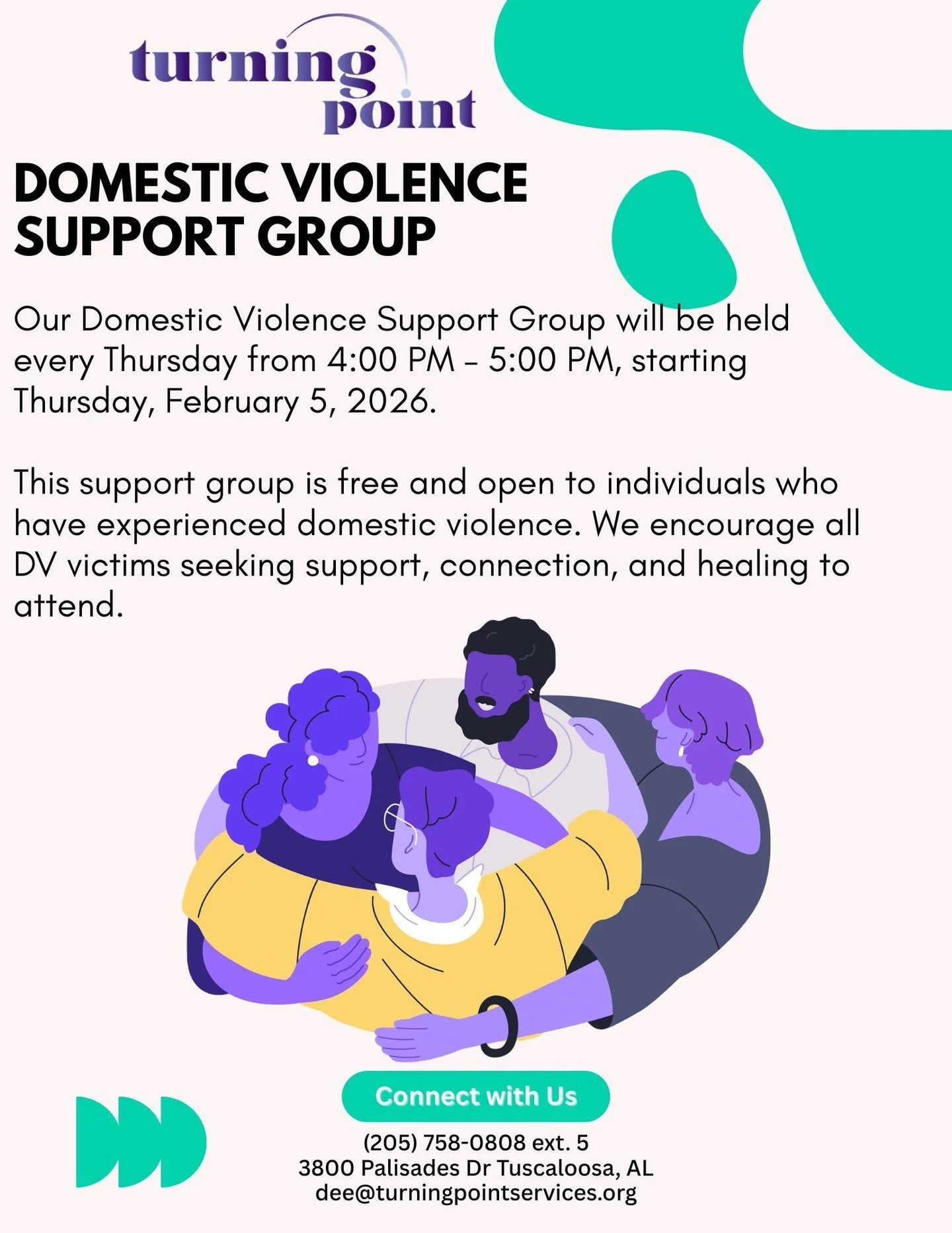 You are not alone. 💜 Turning Point&rsquo;s Domestic Violence Support Group offers a safe, supportive space for survivors to connect, heal, and grow. Join us every Thursday from 4:00&ndash;5:00 PM starting February 5, 2026. This free group is open to