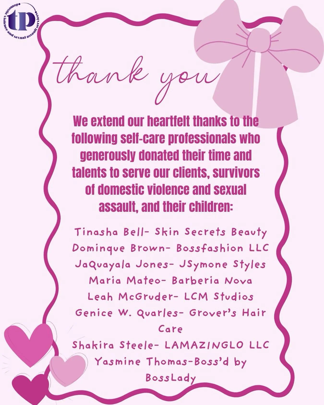We extend our heartfelt thanks to all of the self-care professionals who generously donated their time and talents to serve our clients, survivors of domestic violence, sexual assault, and their children. Your compassion, care, and willingness to giv