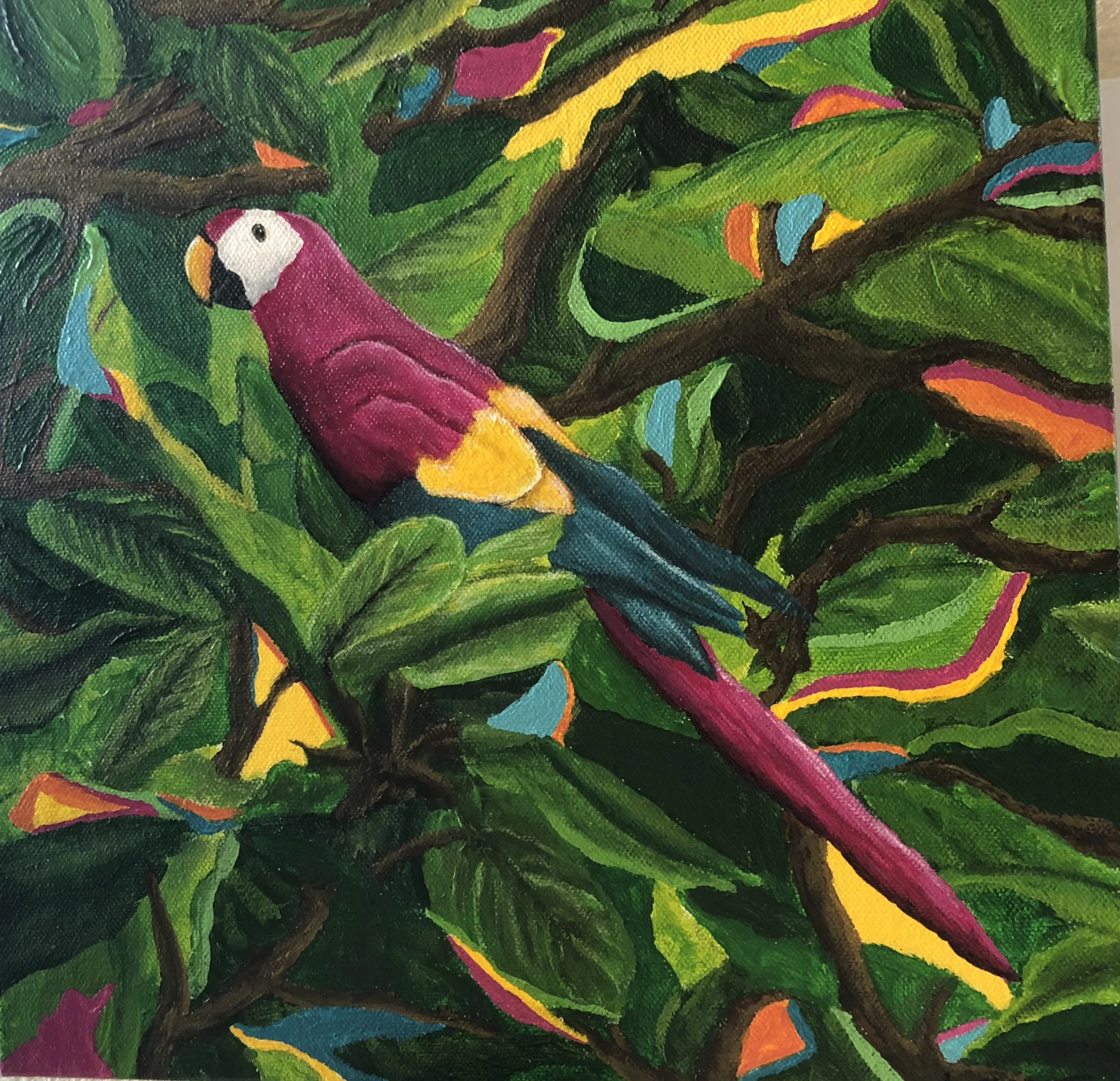 A painting of the Scarlet Macaw, now our spirit animal