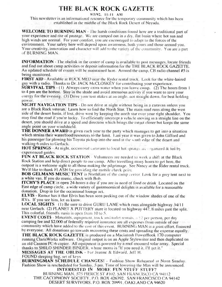 The 1992 Black Rock Gazette, including requests for $2 per day contribution
