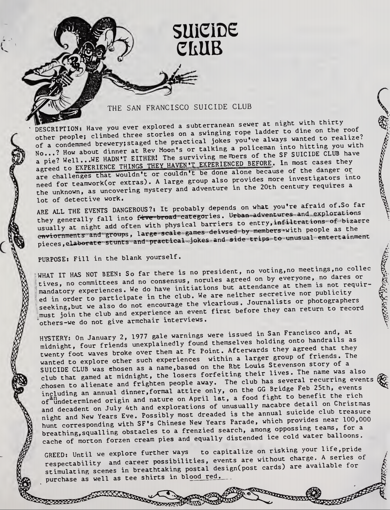 The Original Suicide Club Announcement (with variations from website text and hand edits)