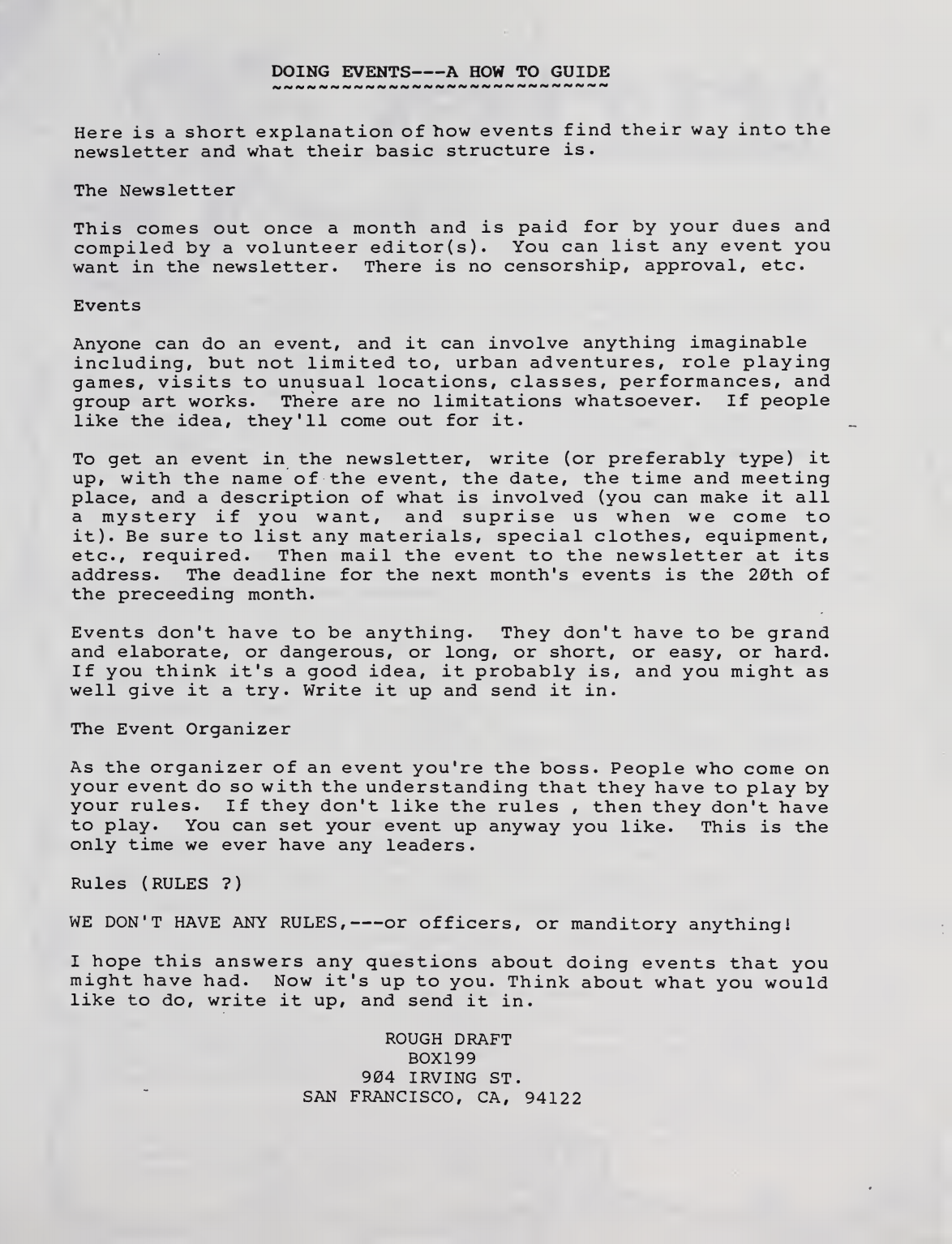 The Suicide Club’s “Doing Events: A How to Guide” circa 1977