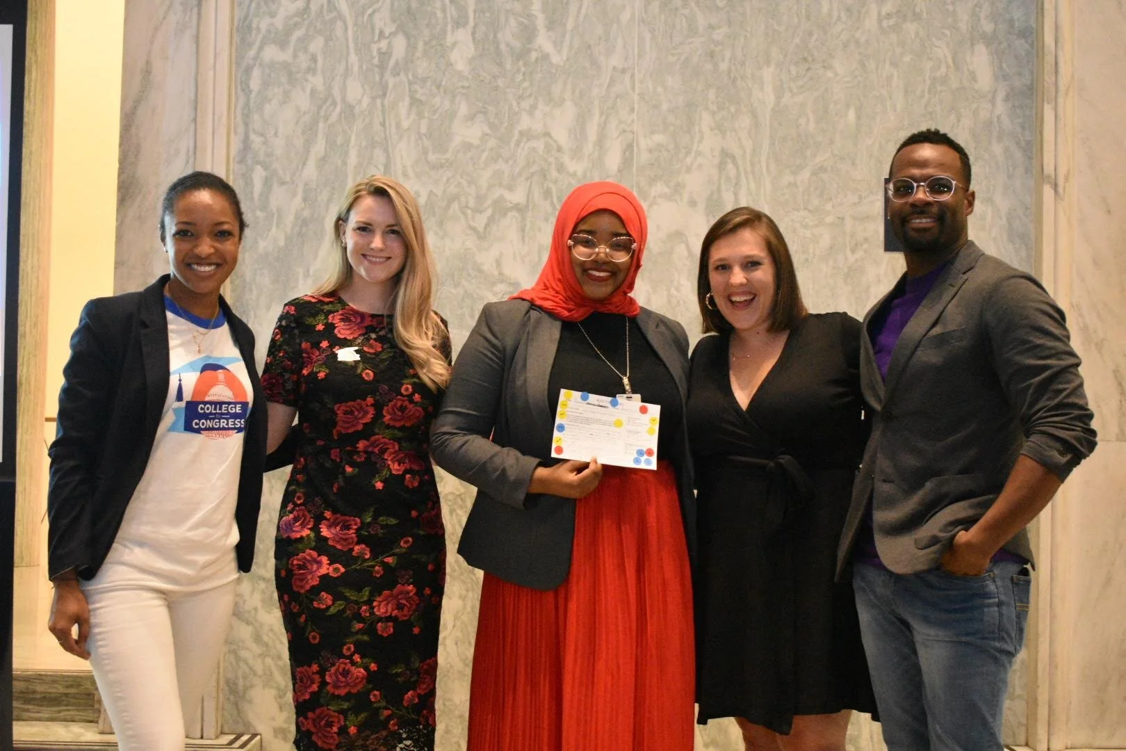 Left to right: Domonique James, Communications Director, College to Congress Audrey Henson, Founder & CEO, College to Congress Amira D., Student and program winner Maria Giannopouloss, Google Civics Outreach Orie Ward, Executive Director, The Purple Aisle