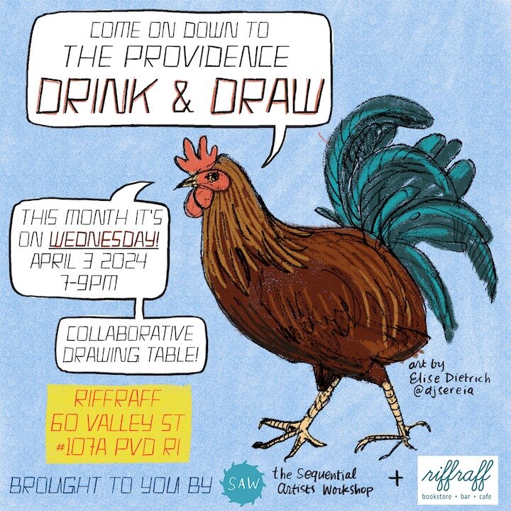 This month's Providence Drink &amp; Draw @riffraffpvd is on WEDNESDAY, not TUESDAY! See you there? Co-co-ri-co and cockadoodledoo, time to draw!

#drawingtogether #collaborativedrawingtable