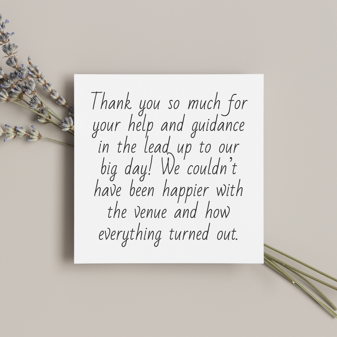 A thank you note on a white card with a sprig of lavender on a beige background.