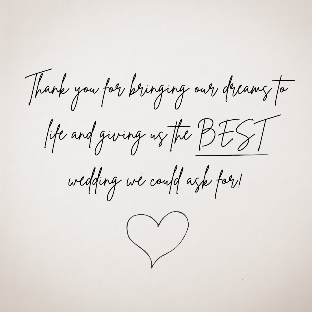 A white card with black handwritten-style text expressing gratitude for a wedding, accompanied by a simple line drawing of a heart.