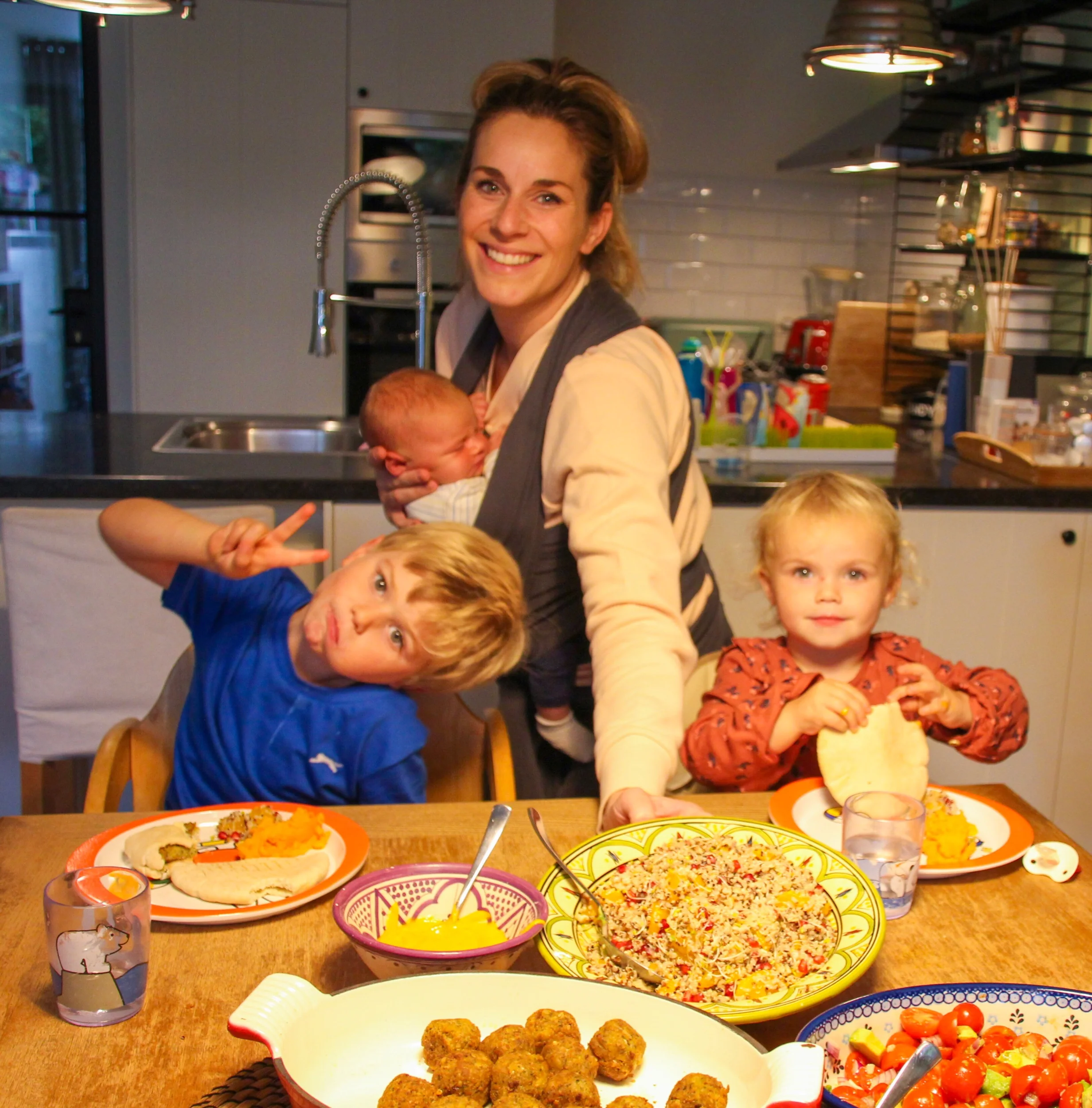 Vegetarian night in: falafel with quinoa tangerine salad, sweet potato mash and tomato salad