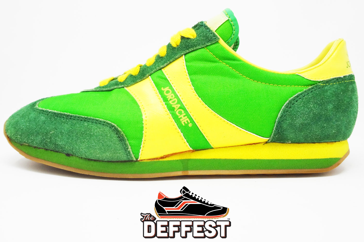 Jordache green and yellow vintage sneakers profile view @ The Deffest