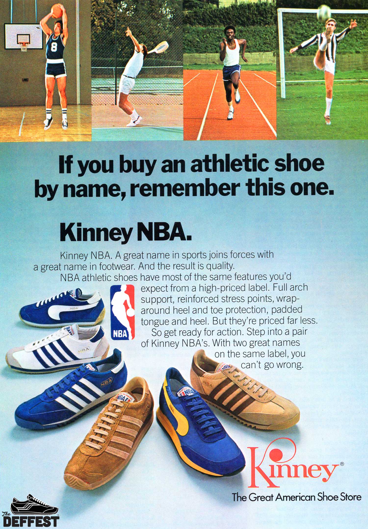 Kinney vintage 1977 NBA upside down swoosh sneakers print ad @ The Deffest