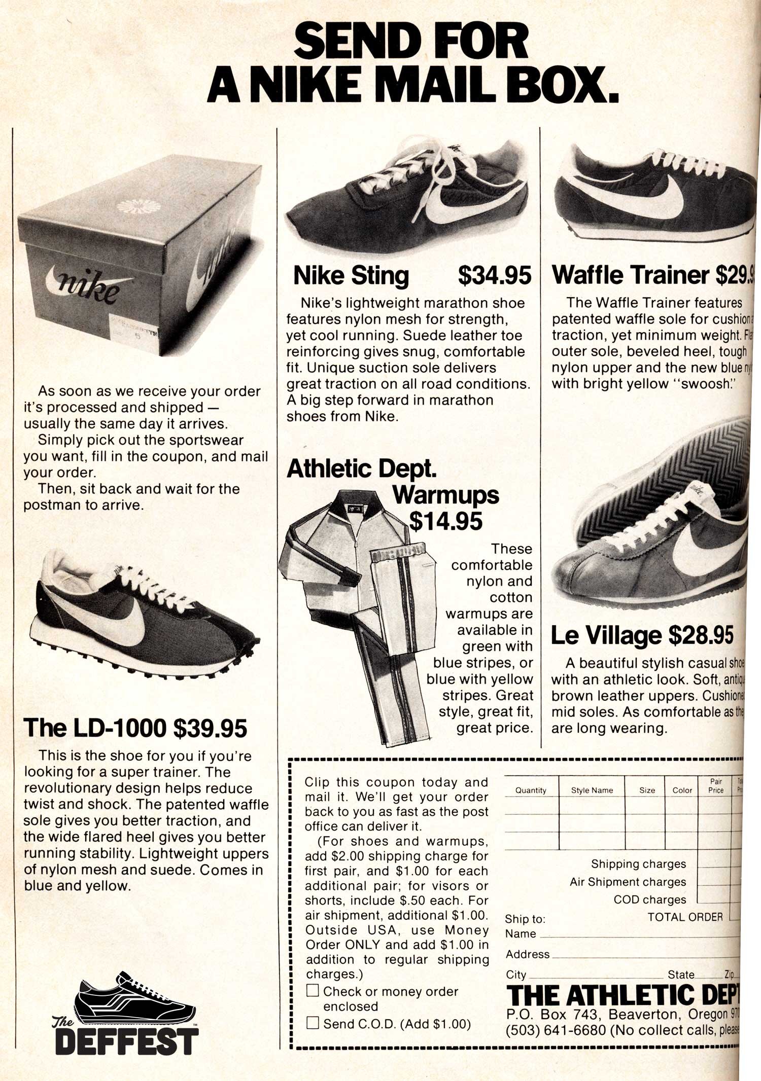 The Deffest®. A vintage and retro sneaker — Vintage Nike Sting, Waffle trainer and Le Village 1977 ad