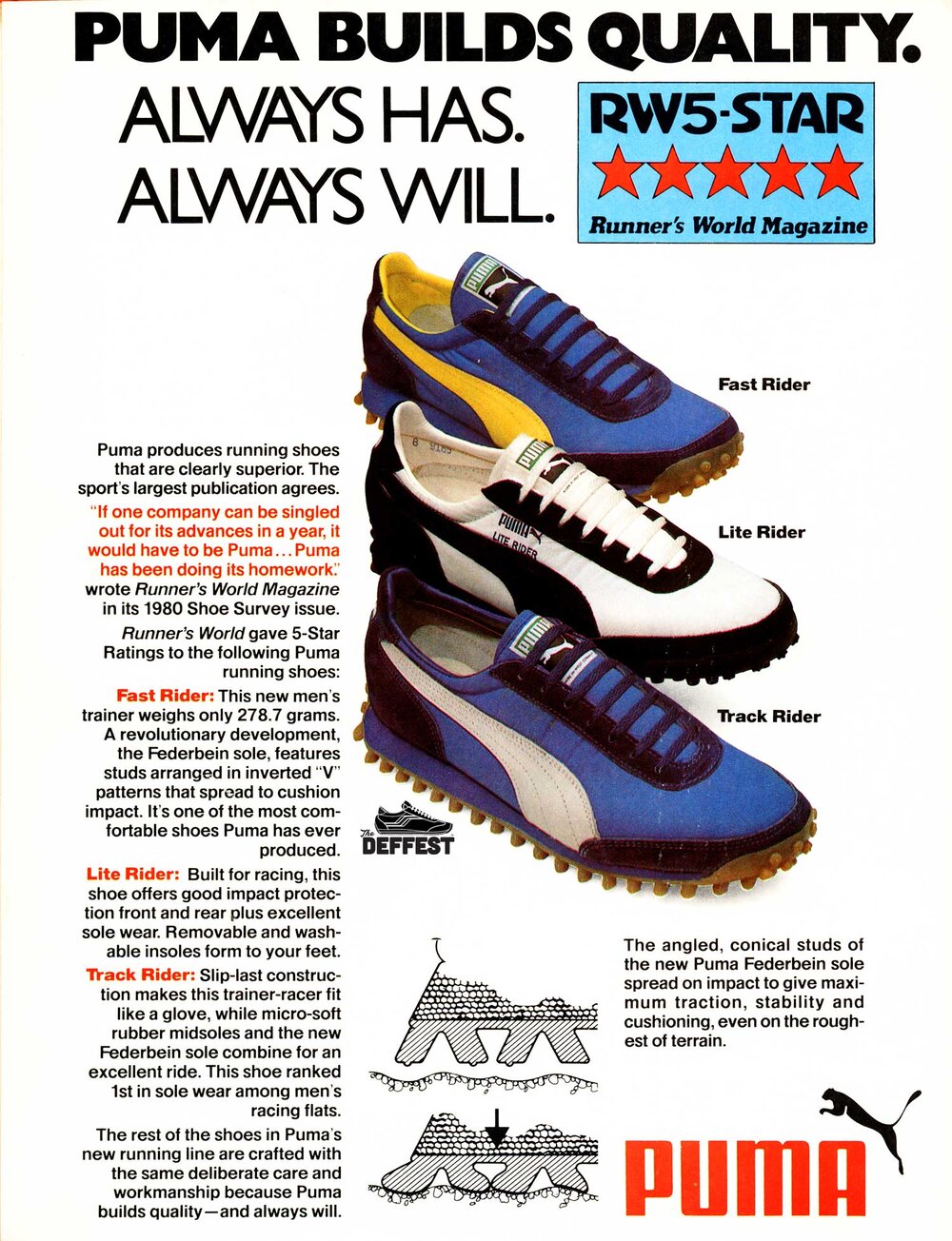 The Deffest®. A vintage and retro sneaker blog. Puma 1980 vintage ad featuring the Rider, Lite and Track Rider