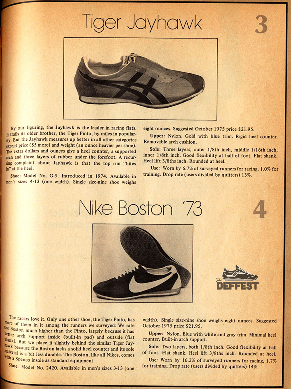 Tiger Jayhawk and Nike Boston '73 vintage running shoe sneaker models detail @ The Deffest