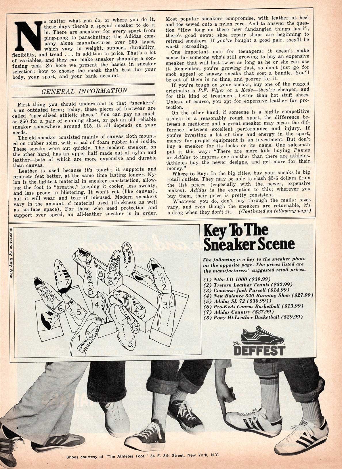 'Sneaks Preview' 1977 vintage article featuring Nike, adidas, Keds, New Balance and PONY sneakers page 1