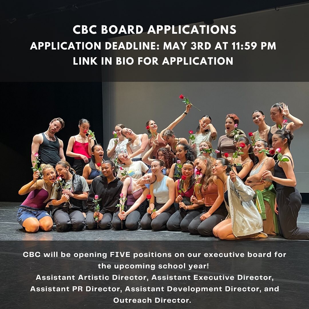 CBC BOARD APPLICATIONS!

Congratulations on a beautiful show this weekend dancers. As we look forward to next semester, we are looking to fill 5 open board positions for the 2023-24 school year. Apply through the link in our bio by May 3rd.