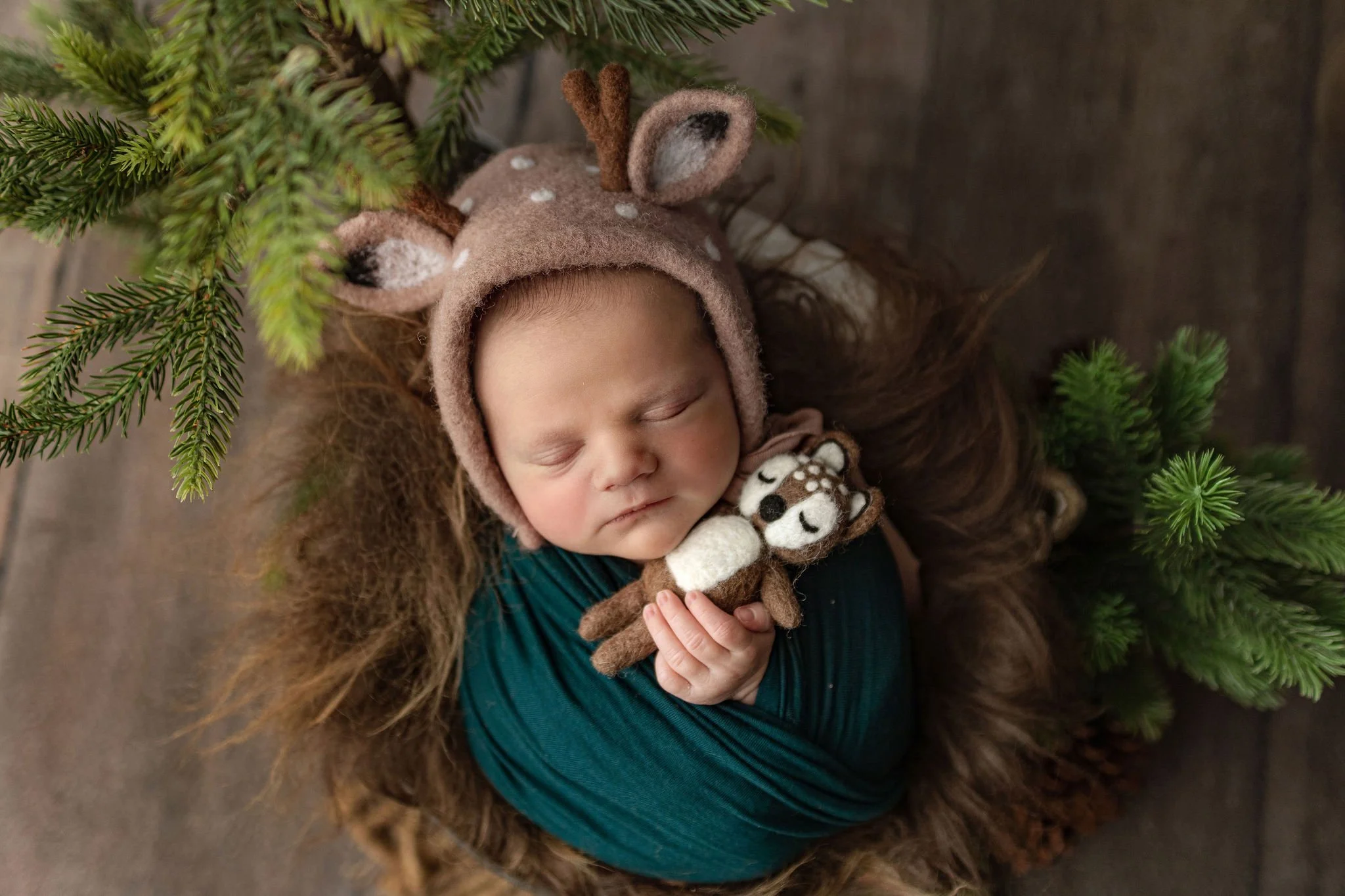 earth tones and organic props during newborn photo shoot in St. Augustine, FL with baby boy in deer hat holding deer felted prop
