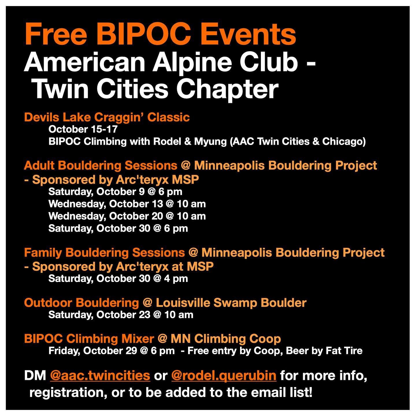 @aac.twincities October BIPOC Climbing Calendar! Another 10 events this month - if you missed the first few make sure to reach out to get added to our email list as they get all the early info 😉 

Also stoked on our new roped climbing meetups at @ve