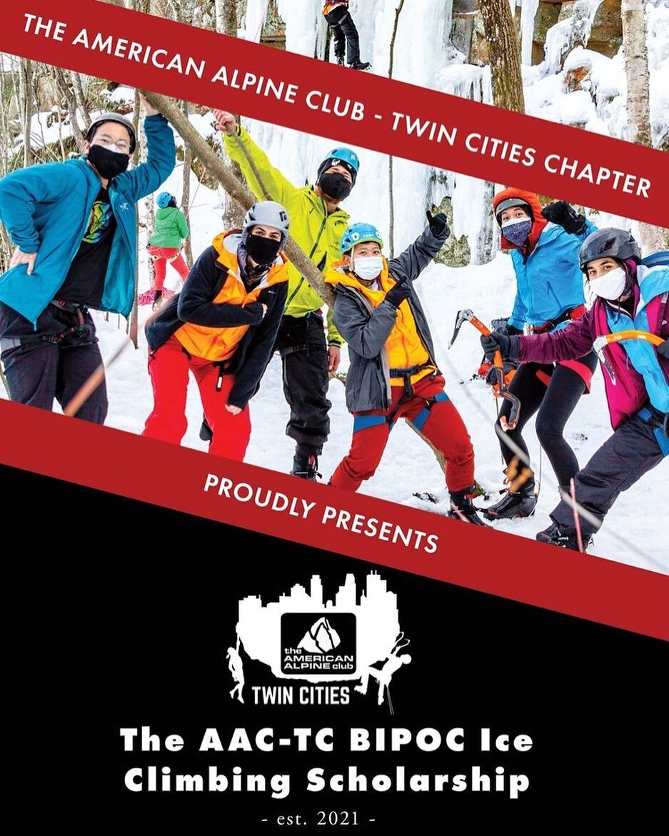 Applications are now open for the BIPOC Ice Climbing Scholarship! Applications are due Saturday, October 15th at 9 PM &mdash; link in our bio for more info and to apply! 

Every year, the American Alpine Club Twin Cities Chapter awards two scholarshi