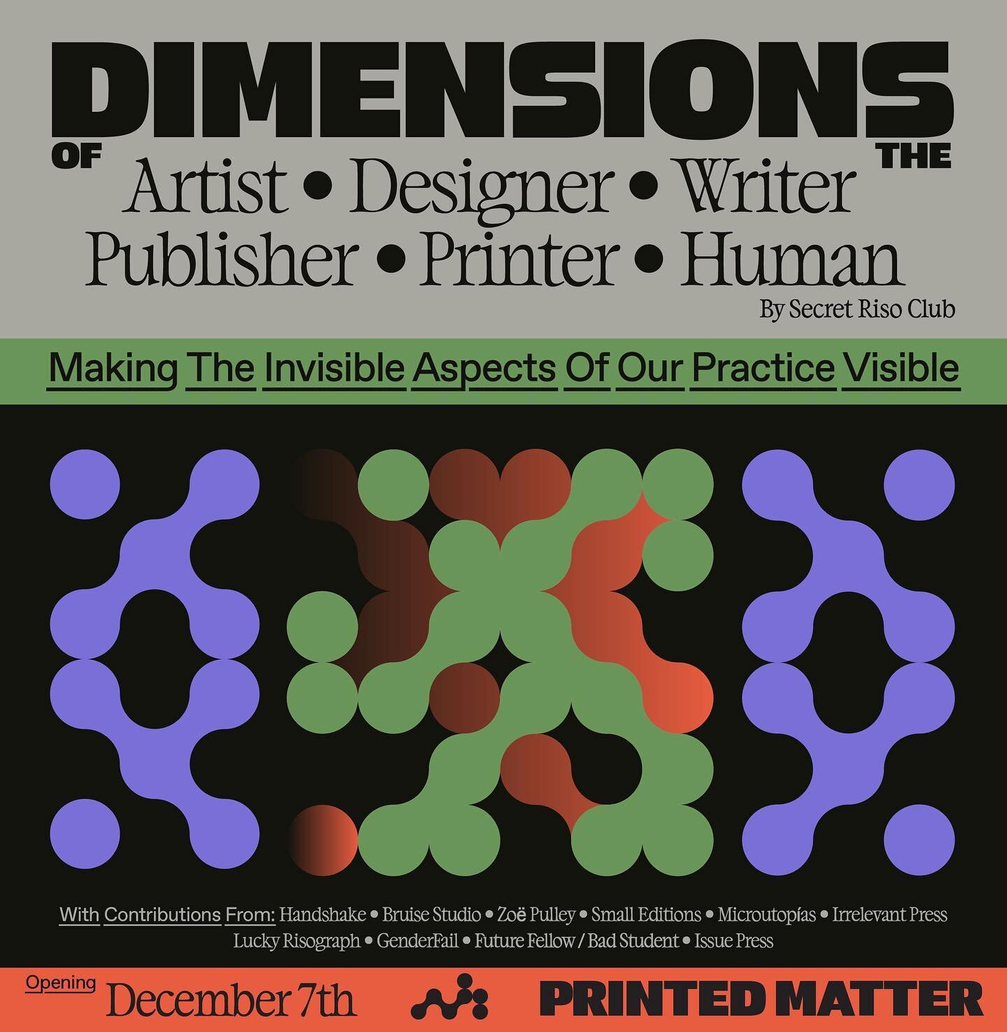 Tomorrow 12/7 from 6-8th we&rsquo;ll be at @printedmatterinc opening reception for &ldquo;DIMENSIONS&quot; organized by @secret_riso_club 

~~
&rdquo;DIMENSIONS&quot; is a collaborative project from Secret Riso Club. Through interviews with 10 artist